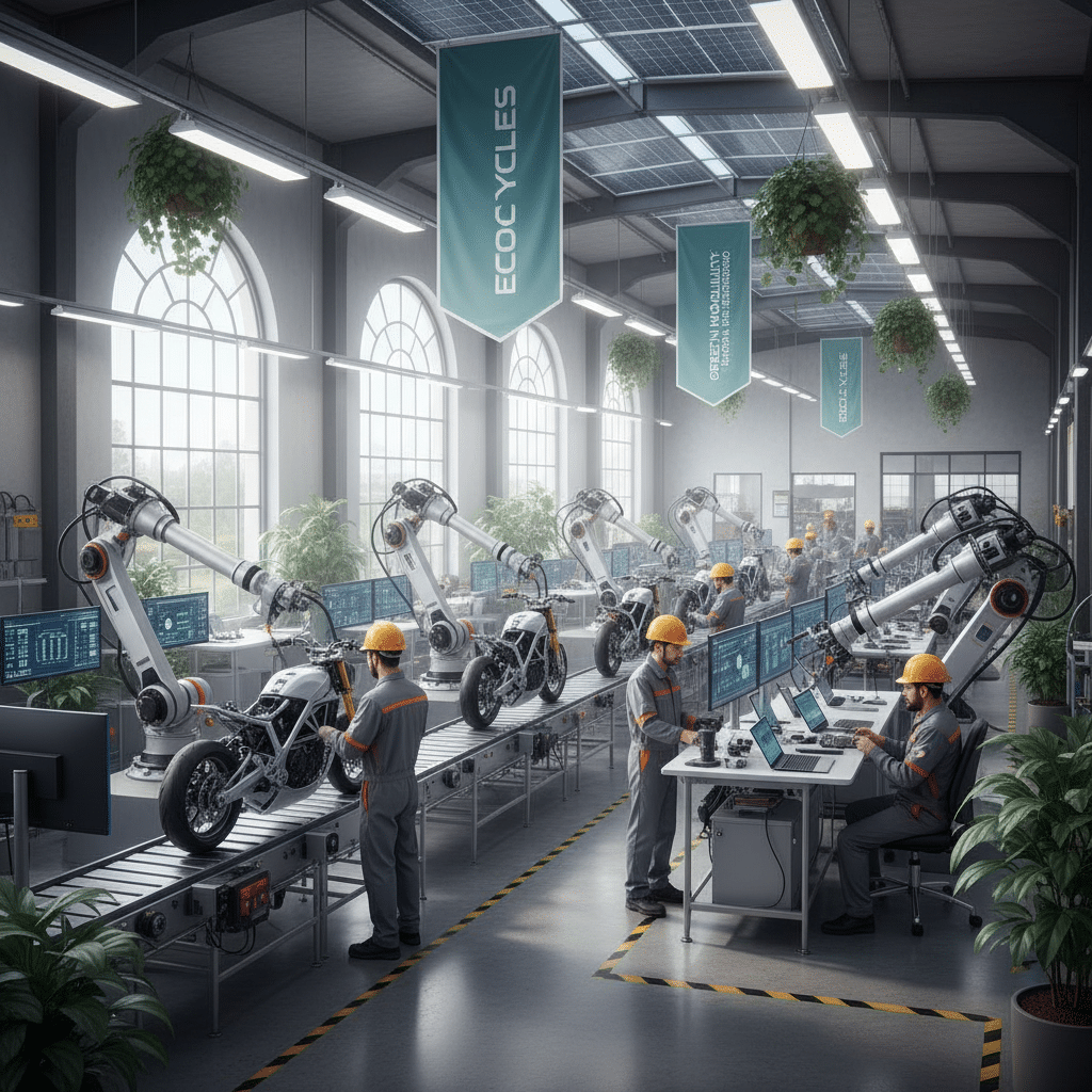 High-tech factory assembling electric motorcycles with robotic arms and engineers in hard hats, showcasing green manufacturing.