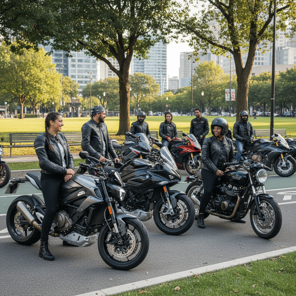 Group of motorcyclists gathered in a park, wearing leather jackets and helmets, surrounded by various motorcycles.