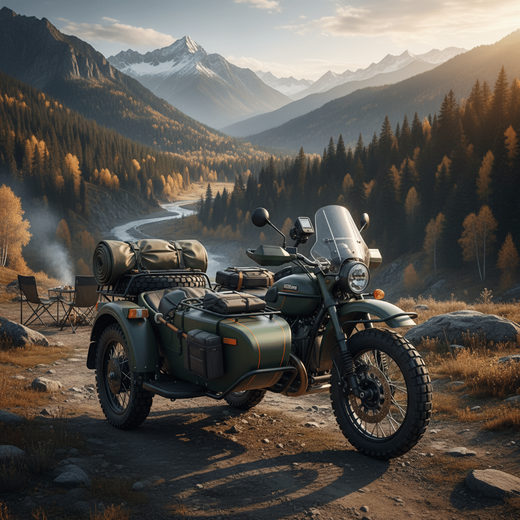 Adventure motorcycle with sidecar and camping gear in scenic mountain landscape at sunrise.