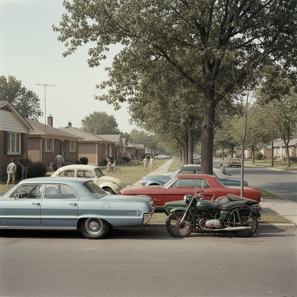Vintage neighborhood scene with classic cars and a motorcycle parked on a tree-lined suburban street.