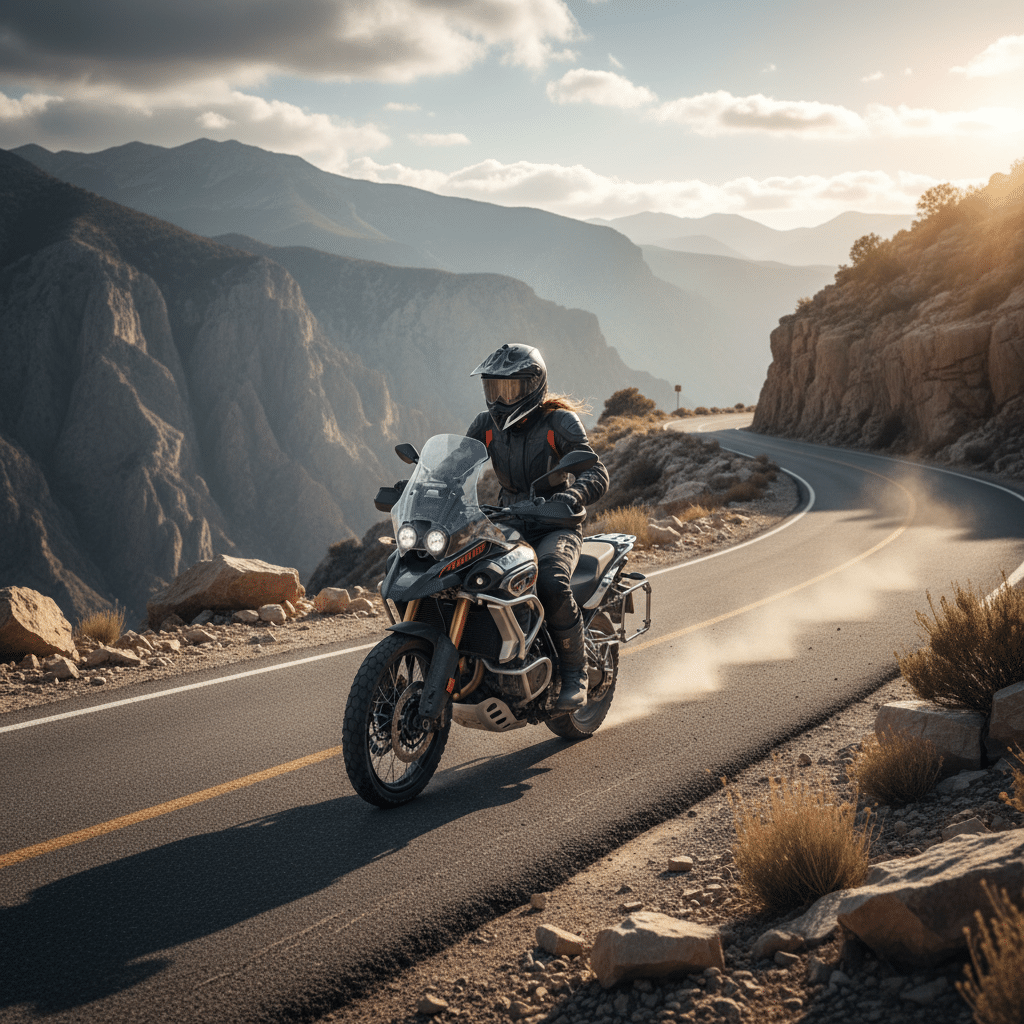 Motorcyclist rides through scenic mountain road at sunset, showcasing adventure and freedom on two wheels.