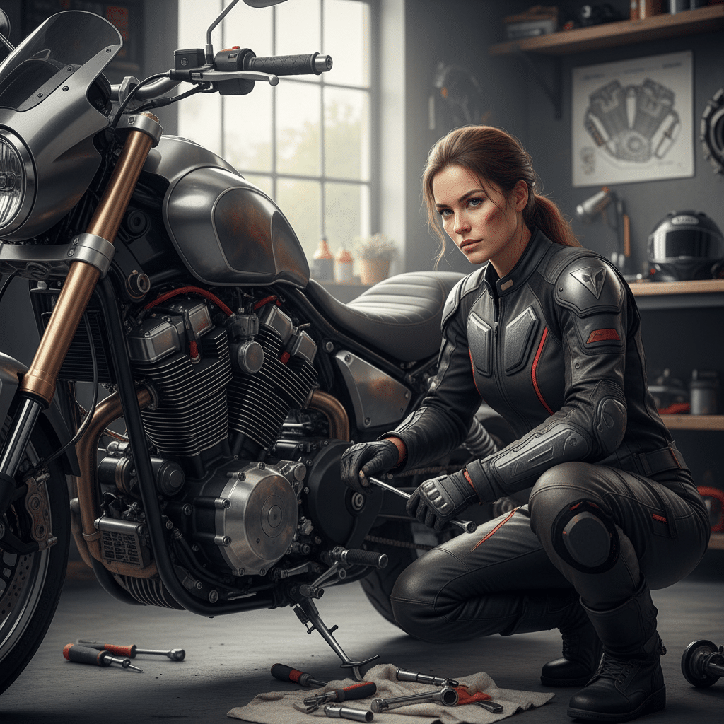 Motorbike mechanic in leather suit working on engine in garage, tools scattered around. Passionate and skilled in motorcycle repair.