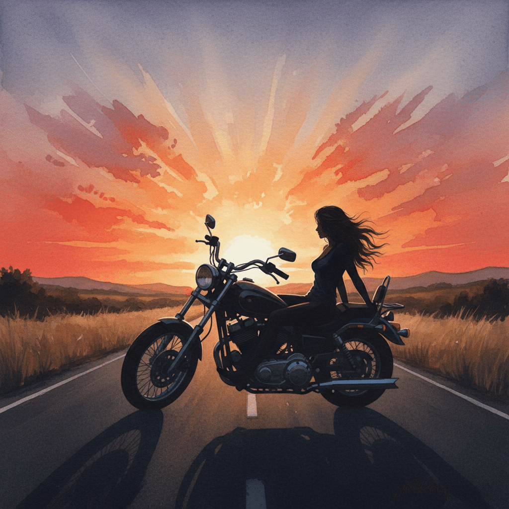 Motorcyclist silhouetted against a vibrant sunset on an open road, embodying adventure and freedom.