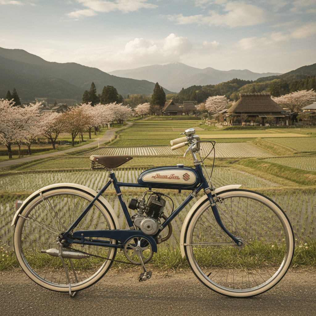 Vintage blue bicycle by rice paddies with cherry blossoms and mountains in rural Japan. Scenic spring landscape view.