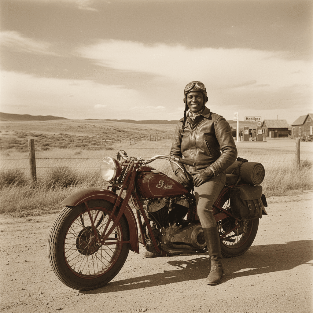 Motorcyclist in vintage leather gear sits on a red Indian motorcycle, with a Mobilgas station and open countryside as a backdrop.