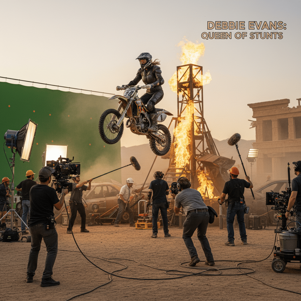 Stuntwoman jumps motorcycle over fiery explosion on film set, crew captures the scene, showcasing thrilling action cinematography.