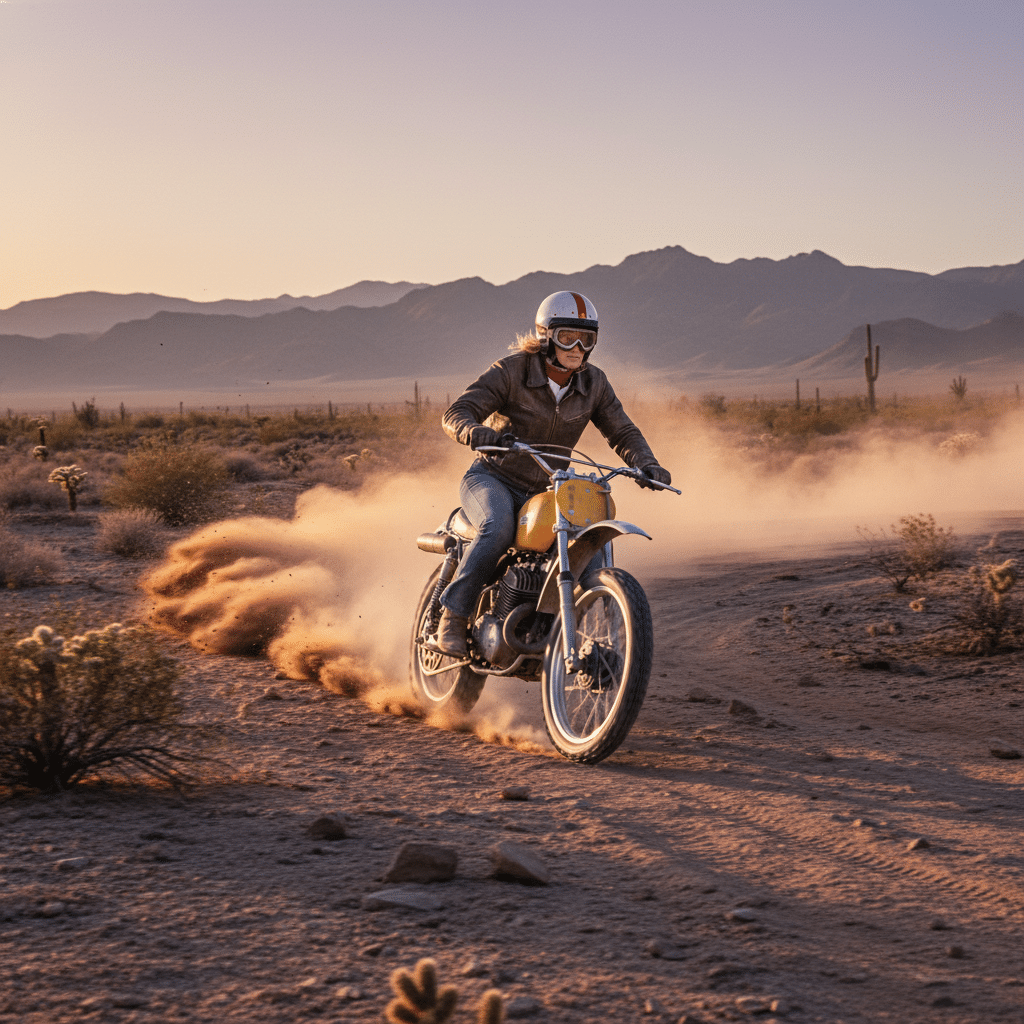 Rider on a dirt bike speeding through a dusty desert trail during sunset, with mountains in the background.