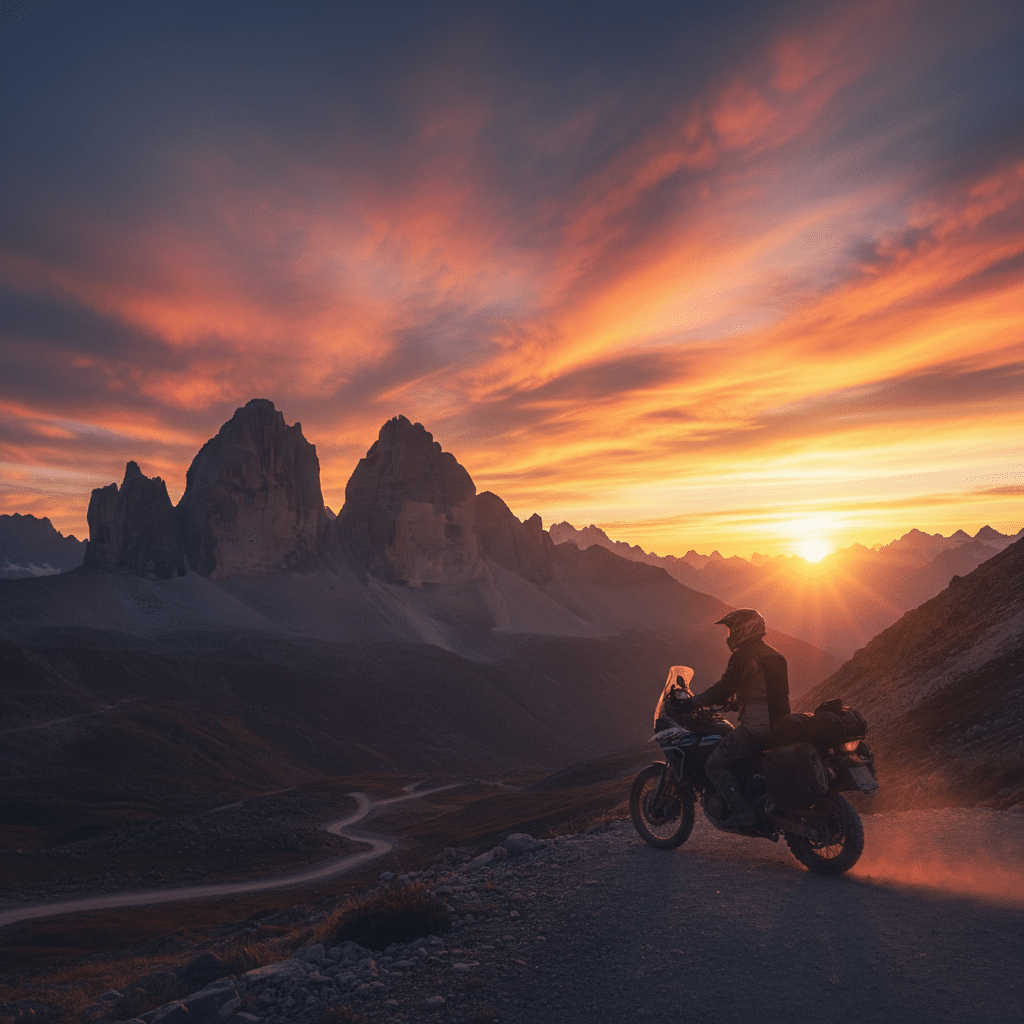 Motorcyclist rides at sunset in the mountains, vibrant sky and rugged peaks in the background, capturing adventure and freedom.