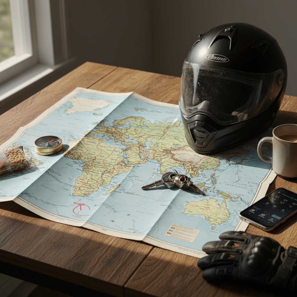 Motorcycle helmet on world map with gloves, compass, and smartphone, symbolizing a travel adventure plan.