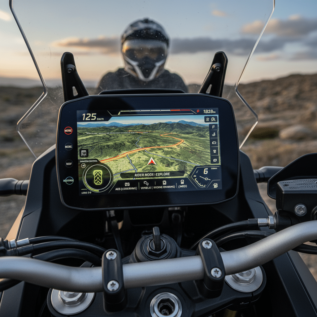 Motorcycle dashboard with navigation system, speedometer at 125 km/h, and rider in helmet in background during an adventure ride.