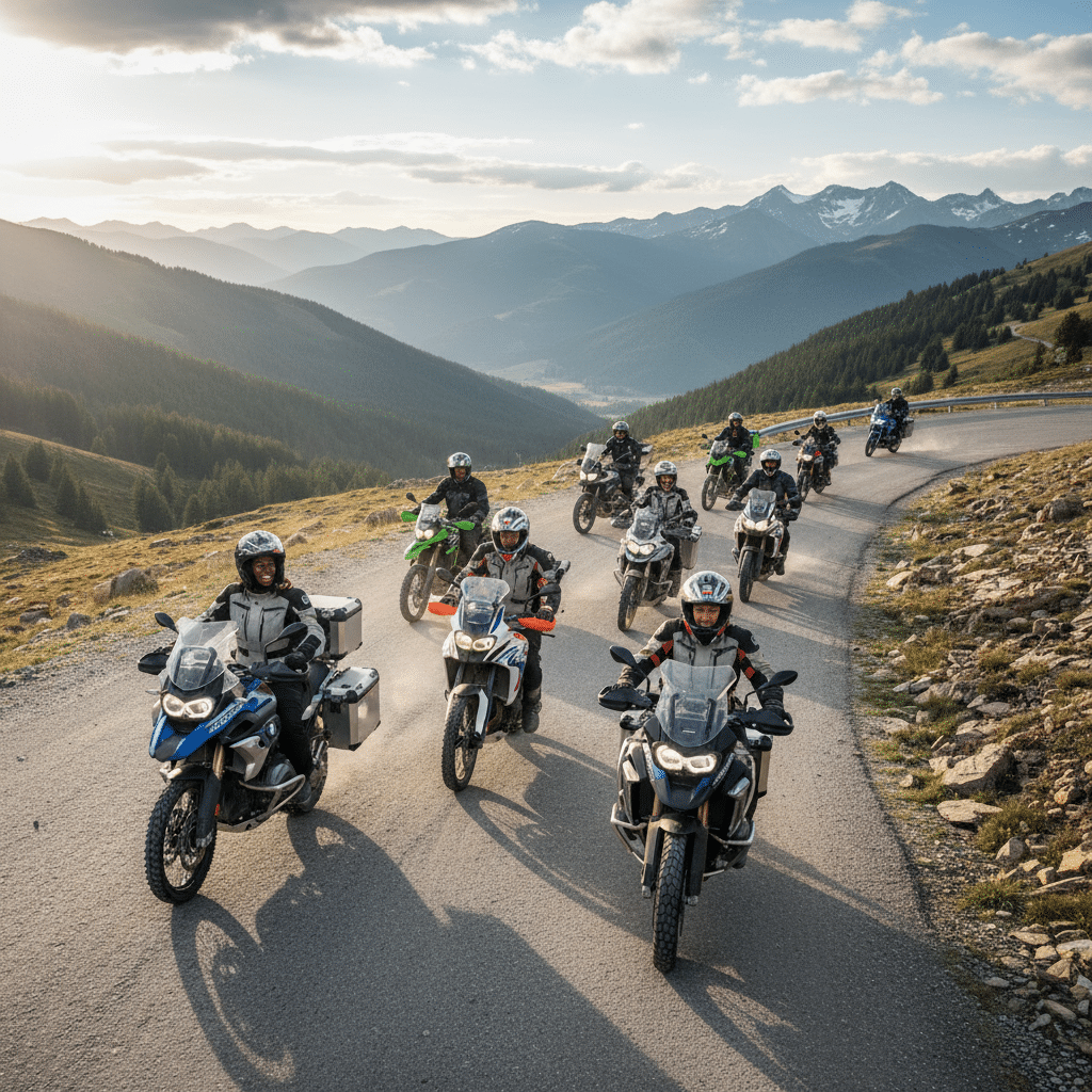 Group of motorcyclists riding through scenic mountain landscape at sunset. Adventure tour, winding road, breathtaking view.