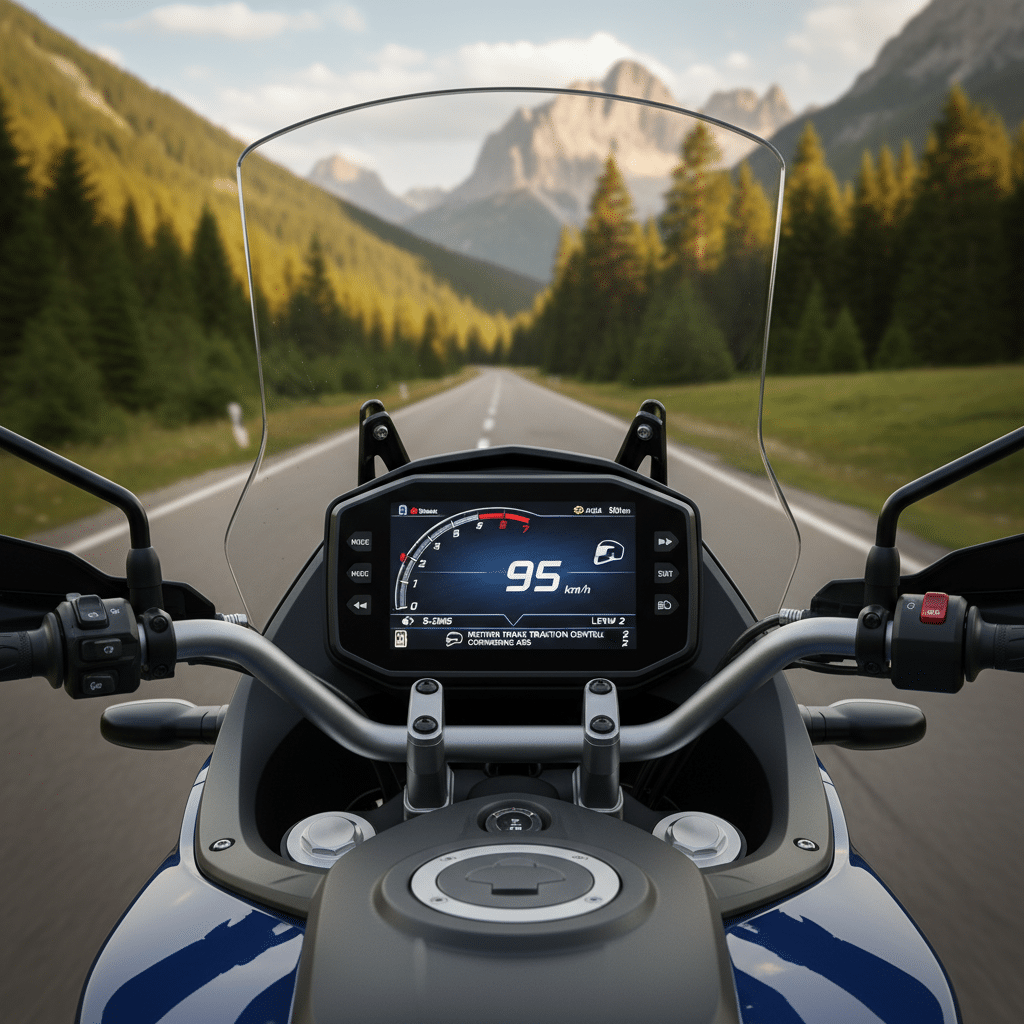 Motorcycle dashboard view on scenic mountain road, speedometer reads 95 km/h, clear skies and lush forest in the background.