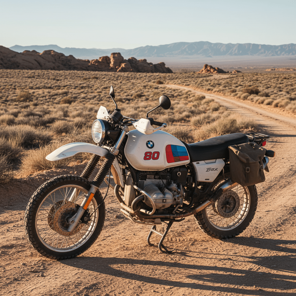 Vintage BMW motorcycle on a desert trail with scenic mountain backdrop, showcasing rugged adventure in nature.