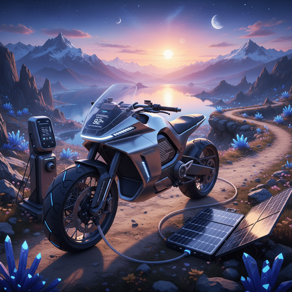 Futuristic electric motorcycle charging with solar power, set against a stunning mountain and lake sunset landscape.