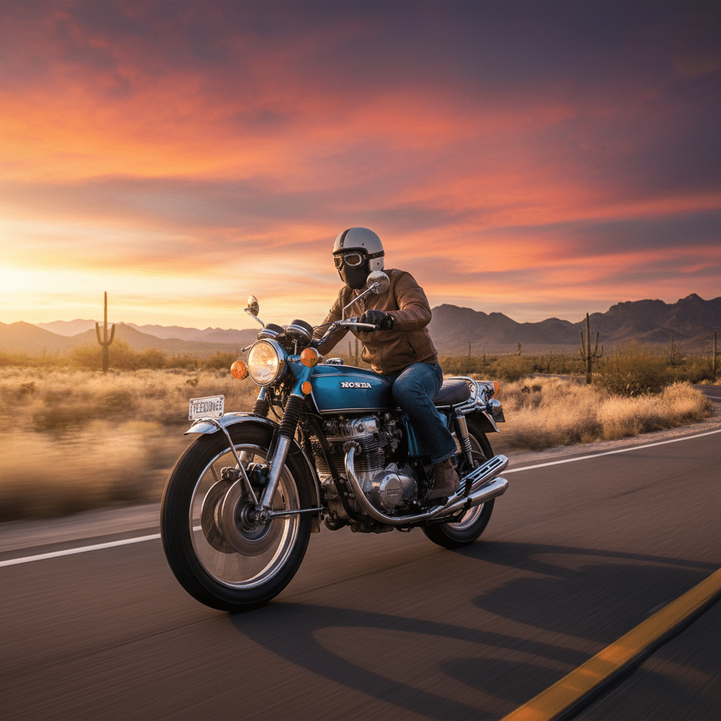 Motorcyclist rides vintage Honda on desert road at sunset, surrounded by cacti and mountains.
