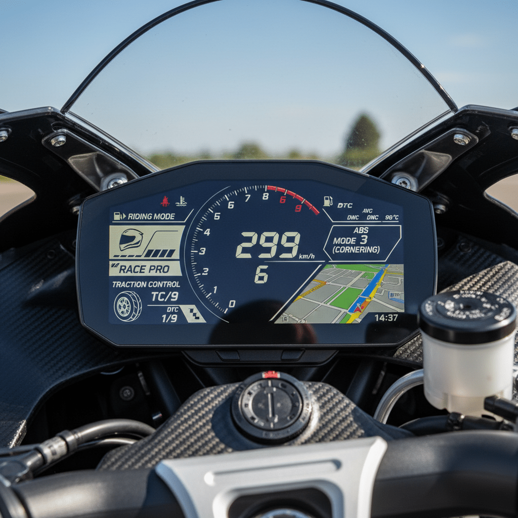 Close-up of a motorcycle dashboard display showing 299 km/h speed, Race Pro mode, and cornering ABS settings on a sunny day.