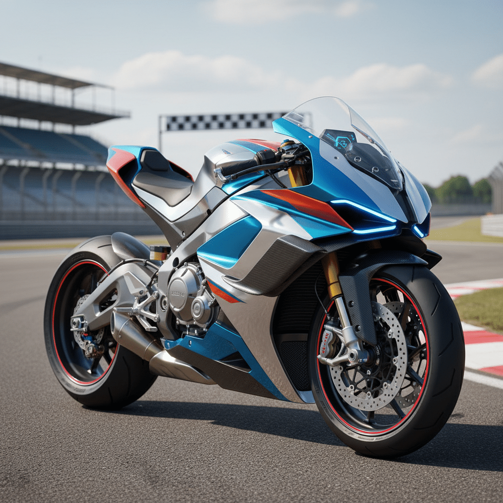 Futuristic sport motorcycle on racetrack with sleek design, vibrant blue and orange accents, under a clear sky.
