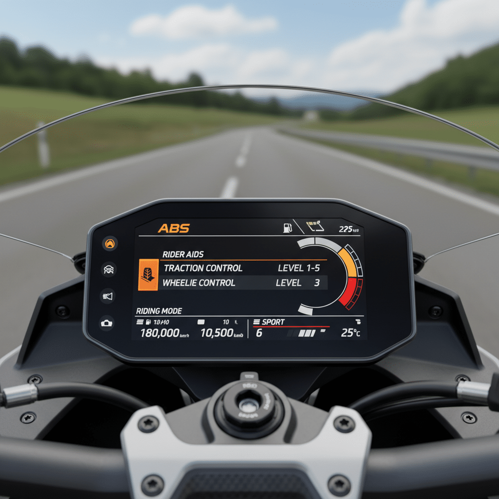 image - Engine Stories Motorcycle dashboard display showing traction and wheelie control levels, riding mode, and speed on an open road.