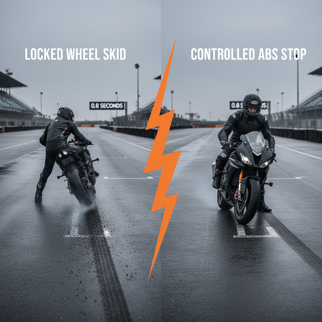 image - Engine Stories Motorcycle braking comparison: locked wheel skid vs. controlled ABS stop on a wet track, highlighting safety and performance.