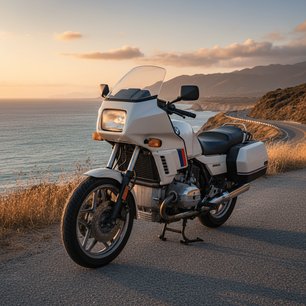 image - Engine Stories Classic motorcycle on a scenic coastal road at sunset, ideal for adventure rides and touring.