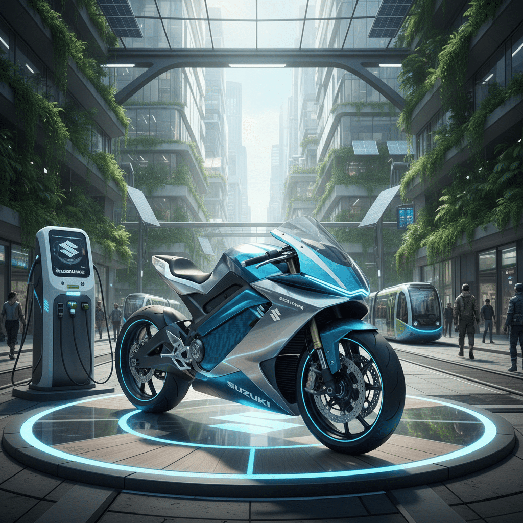 Futuristic electric motorcycle in a modern, eco-friendly city street with charging station and green buildings.