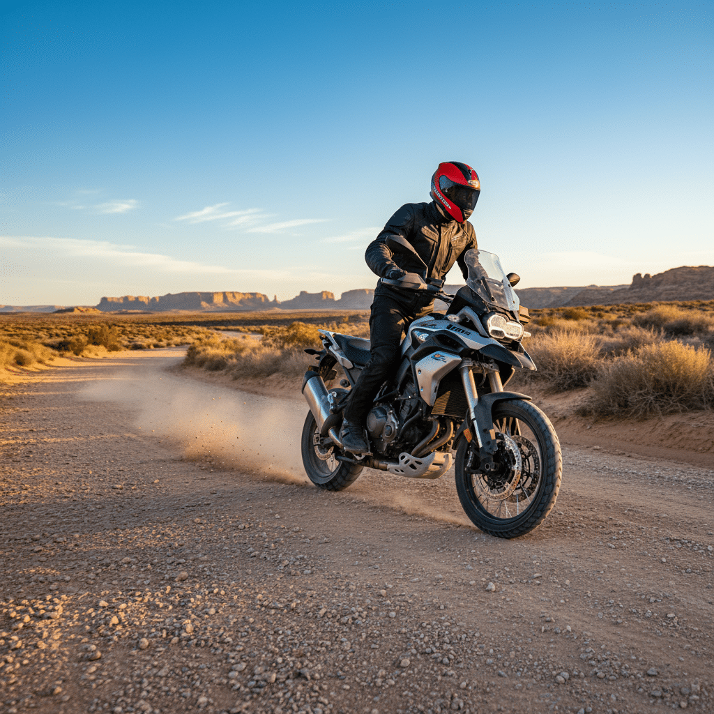 image - Engine Stories Motorcyclist in red helmet rides adventure bike on a dusty desert road with scenic backdrop at sunset.