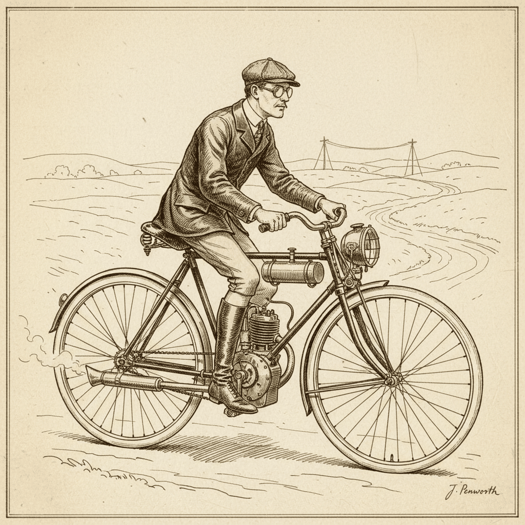 image - Engine Stories Vintage illustration of a man riding an early motorbike, showcasing antique motorcycle design and classic attire.