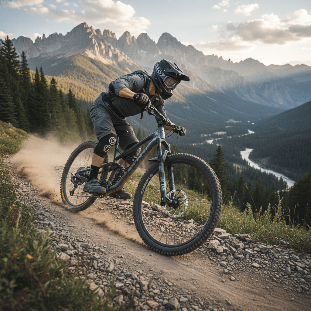 image - Engine Stories Mountain biker tackling a rugged trail with scenic mountain views in the background at sunset. Adventure cycling in nature.