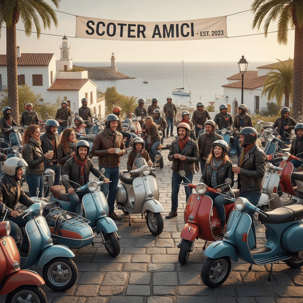 image - Engine Stories Group of friends on vintage scooters at a seaside meetup, under a Scoter Amici - Est. 2023 banner, enjoying a sunny day.