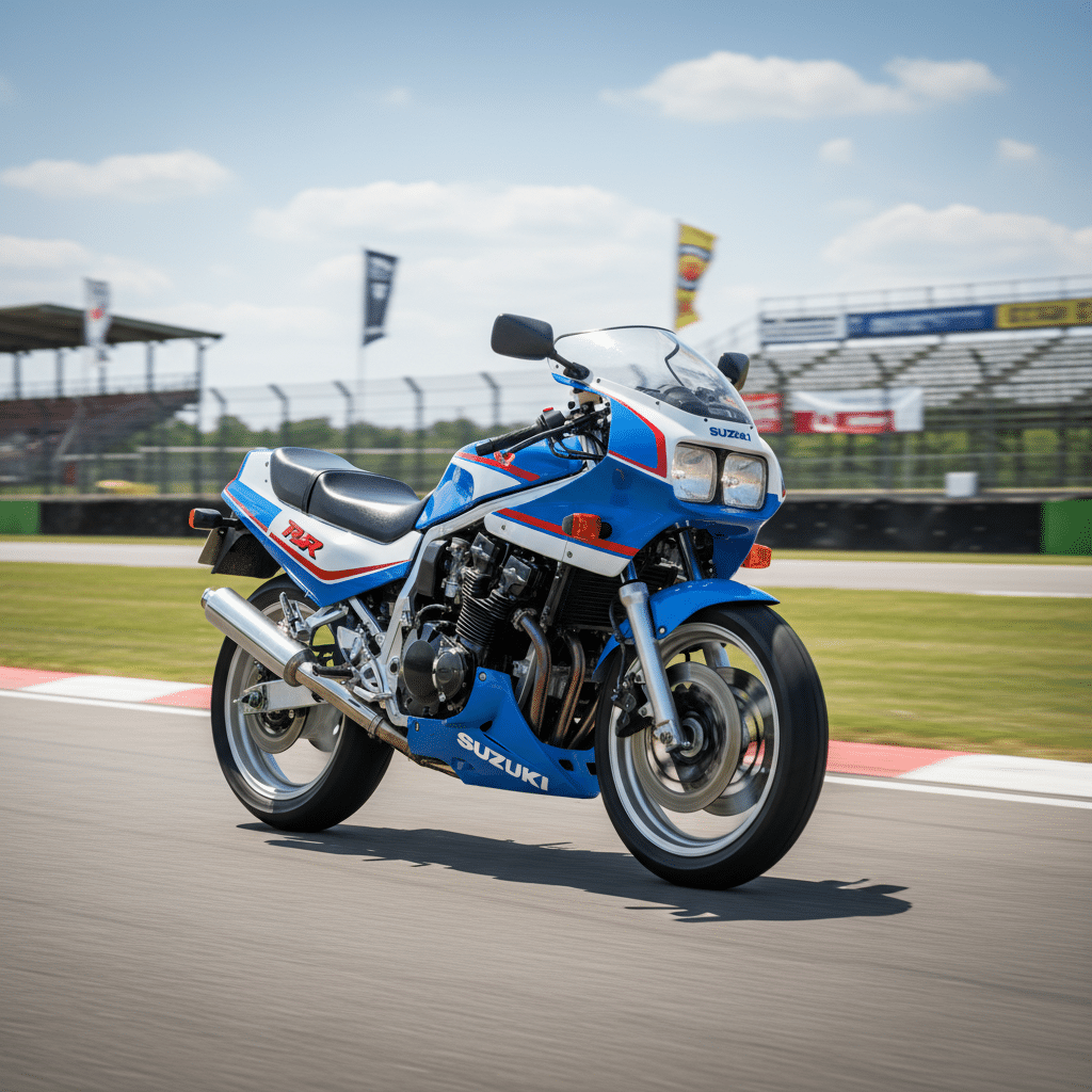 Classic blue Suzuki motorcycle racing on track under blue sky.