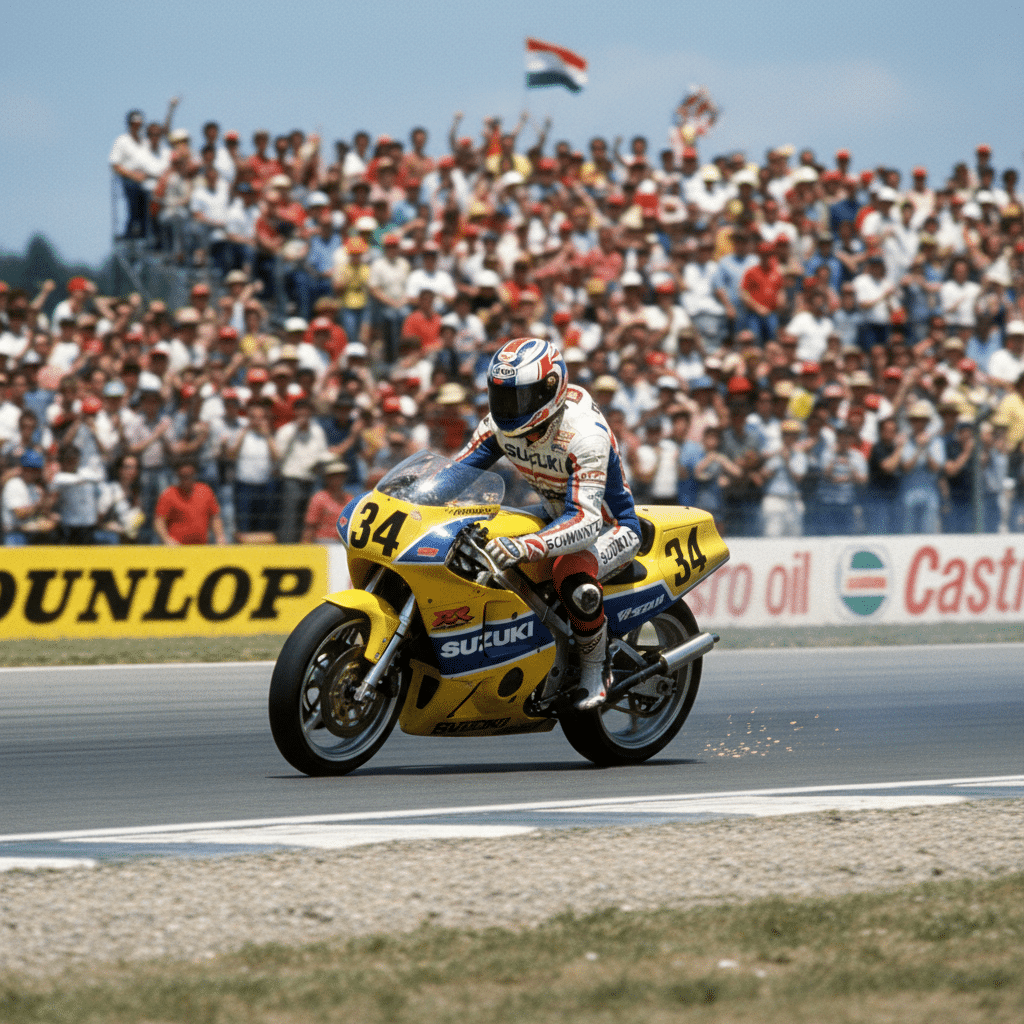 Motorcycle racer on a yellow Suzuki bike in action at a track event with a crowd cheering in the background.