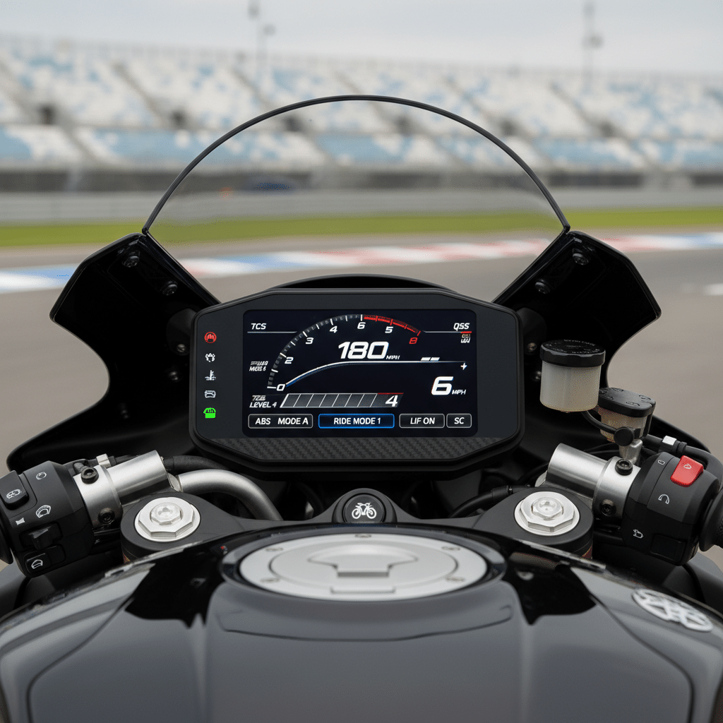 Close-up of a motorcycle dashboard showing speed at 180 mph and gear indicator at 6, with blurred racetrack in the background.
