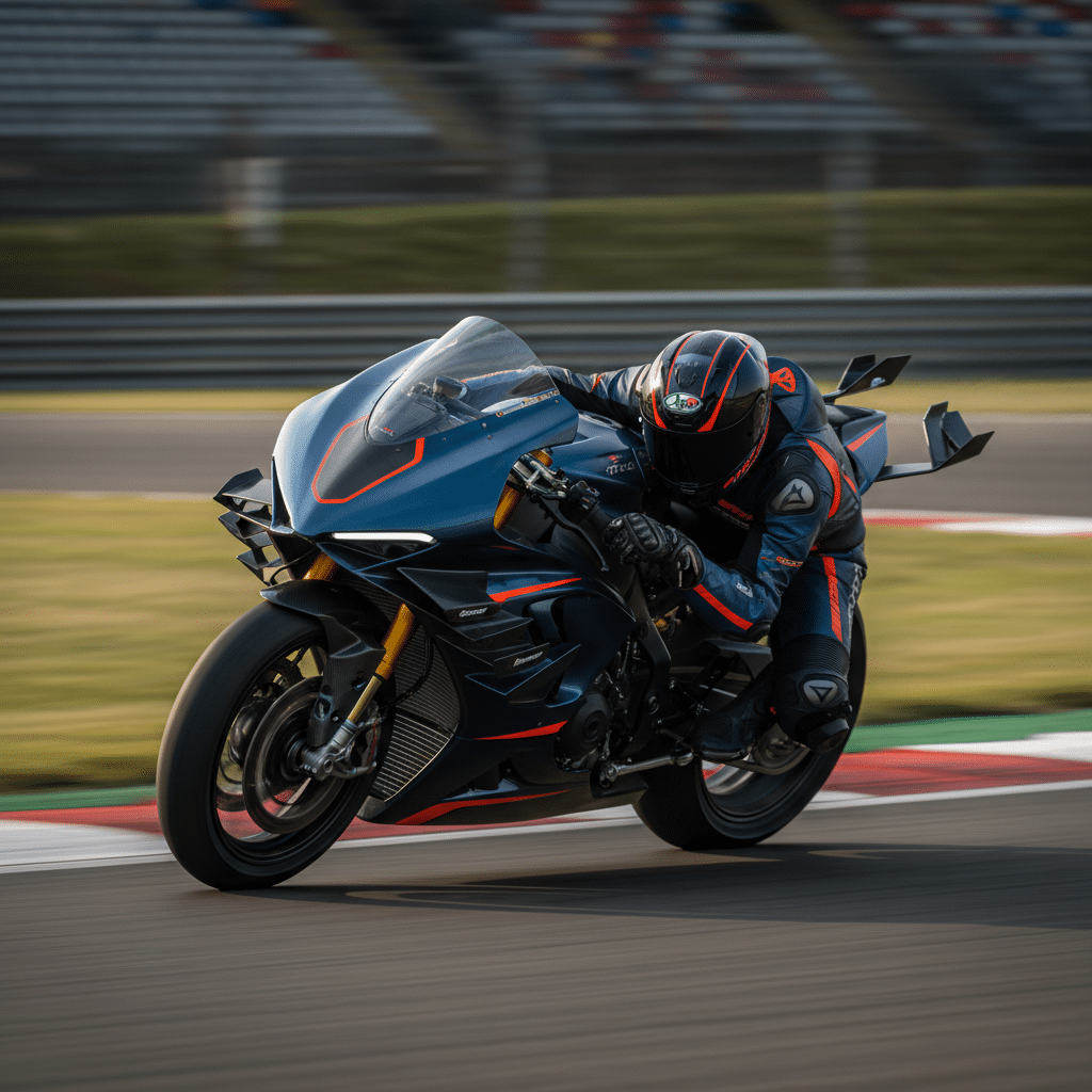 Motorcyclist in blue gear racing on a sportbike at a track, showcasing speed and precision riding.
