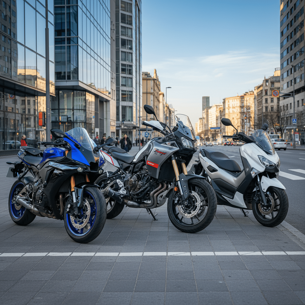 Three different motorcycles parked on an urban street with tall buildings under a clear blue sky.