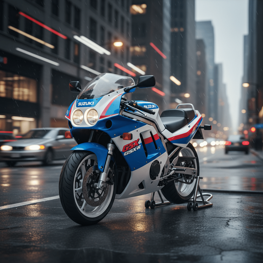 Vintage Suzuki GSX-R motorcycle parked on a rainy city street, surrounded by blurred car lights reflecting on wet pavement.