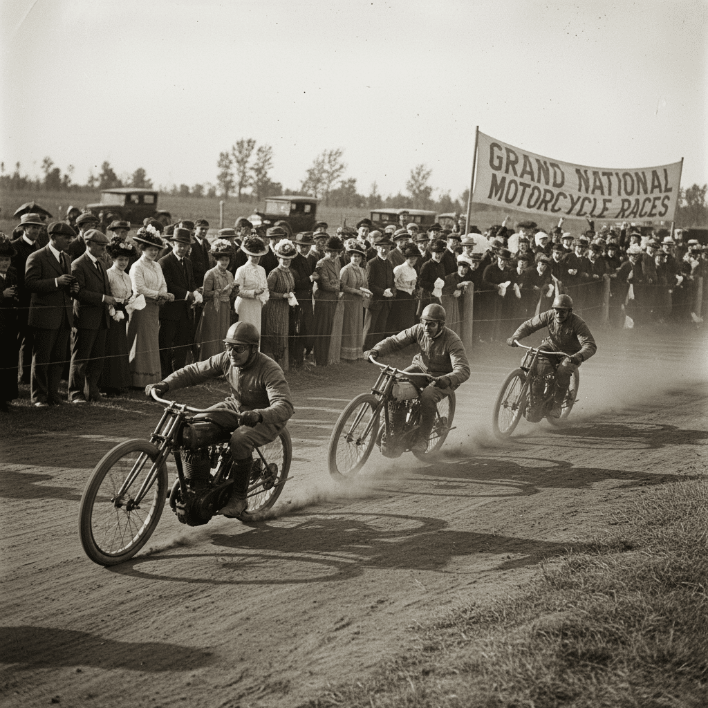 Three vintage motorcycles racing on a dirt track, with spectators and a Grand National Motorcycle Races banner in the background.