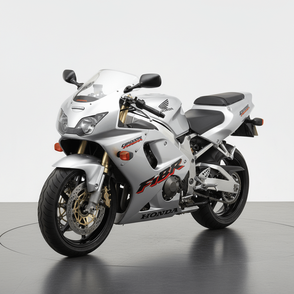Silver Honda CBR600F4i motorcycle on display, showcasing its sleek design and sporty performance features.