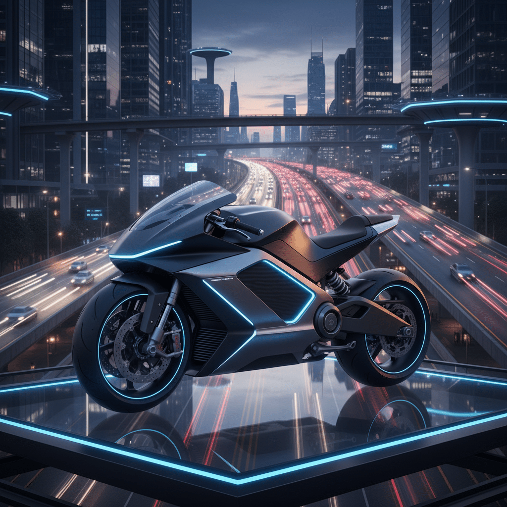Futuristic motorcycle with blue neon lights displayed against a bustling cityscape at dusk, showcasing urban innovation and speed.