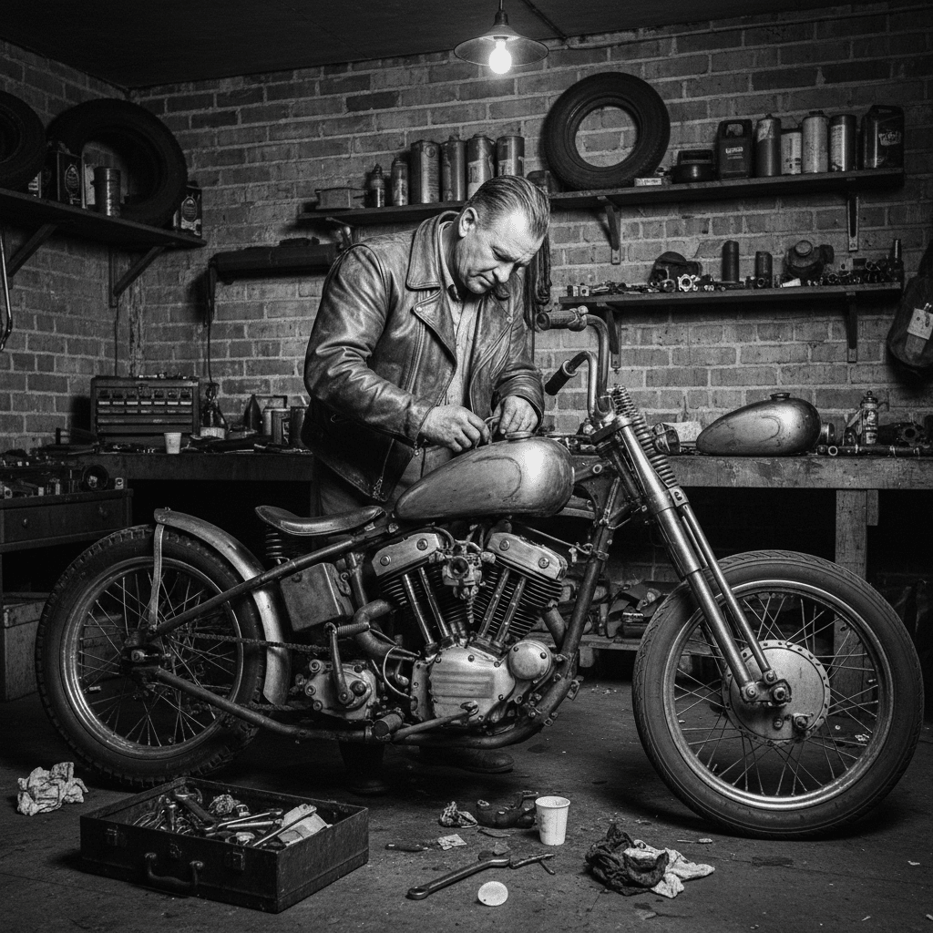 Mechanic in leather jacket working on vintage motorcycle in workshop, surrounded by tools and spare parts. Classic garage scene.