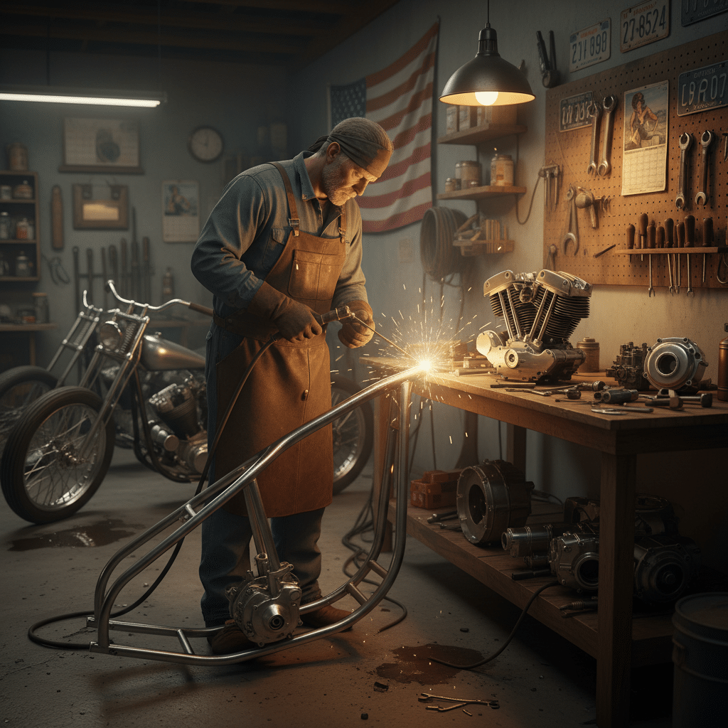 Man welding motorcycle frame in workshop with American flag, tools, and engine parts around. Craftsmanship and skill in action.