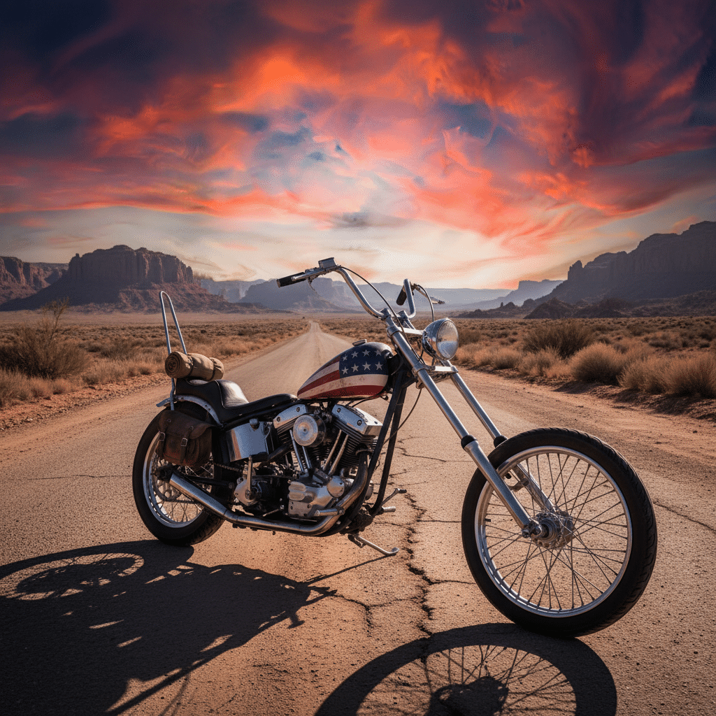 Vintage motorcycle on a desert road during a vibrant sunset, with dramatic clouds and mesas in the background. Perfect road trip scene.