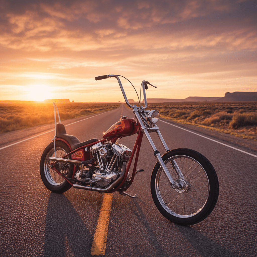 Vintage chopper motorcycle on open desert highway at sunset, symbolizing freedom and adventure.