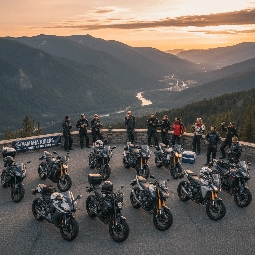 Motorcycle riders gathering at scenic mountain viewpoint at sunset, with Yamaha bikes arranged in the foreground.