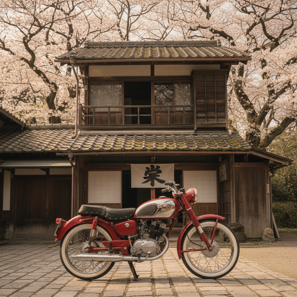 Vintage motorcycle parked in front of traditional Japanese house with cherry blossoms in full bloom.