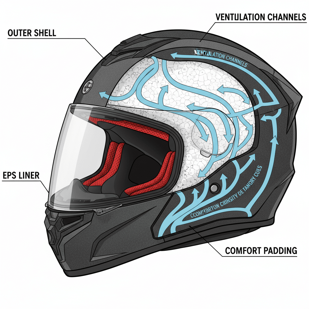 Diagram of motorcycle helmet with labeled outer shell, EPS liner, ventilation channels, and comfort padding for superior protection.