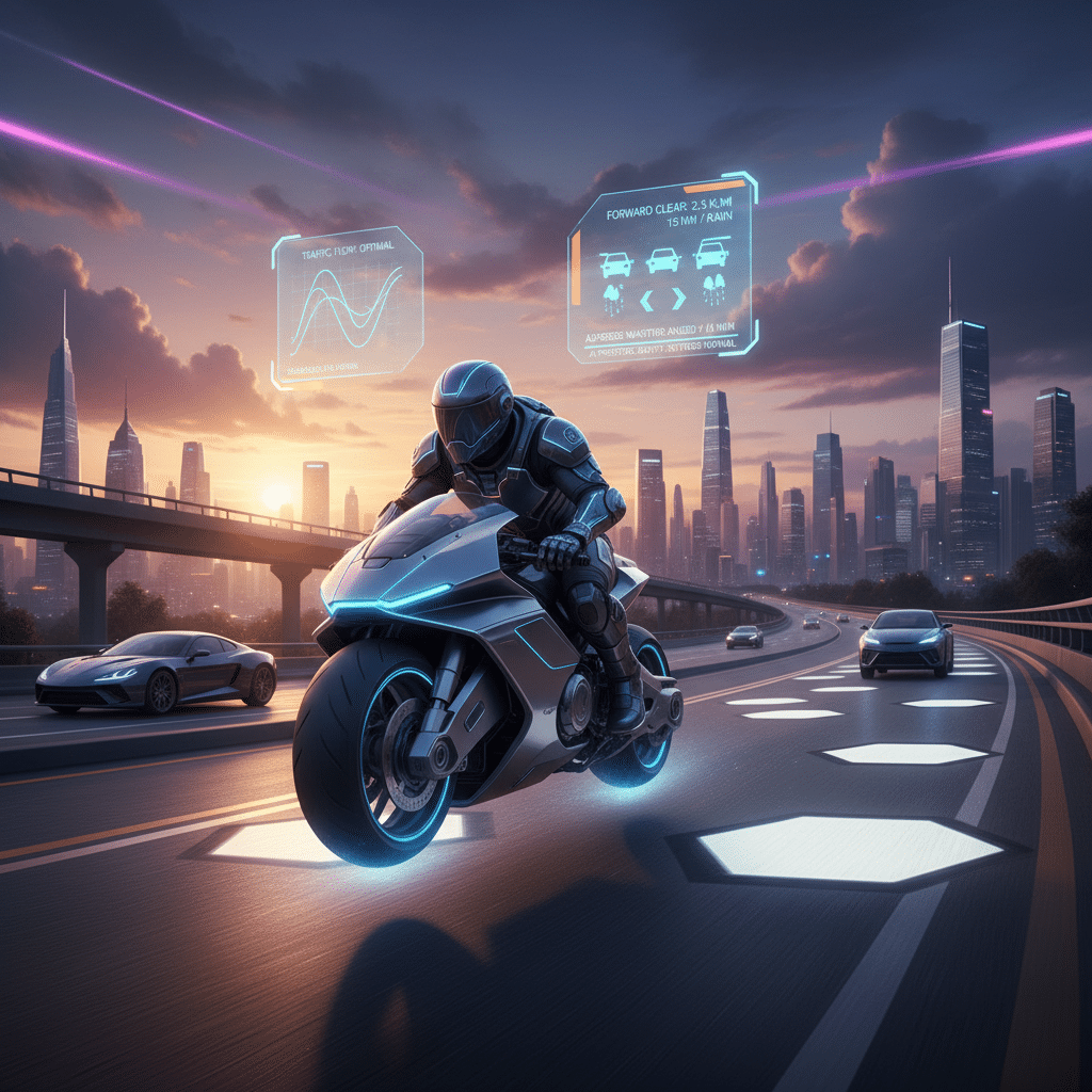 Futuristic motorcyclist on a smart road with digital displays, racing through a modern cityscape at sunset.