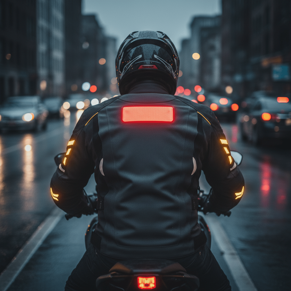 Motorcyclist riding at night in a city, wearing a helmet and reflective gear, surrounded by traffic and wet roads for safety.
