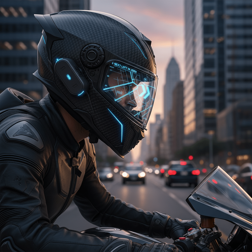 Futuristic motorcyclist with a smart helmet displaying a digital map, riding through a city street at dusk.