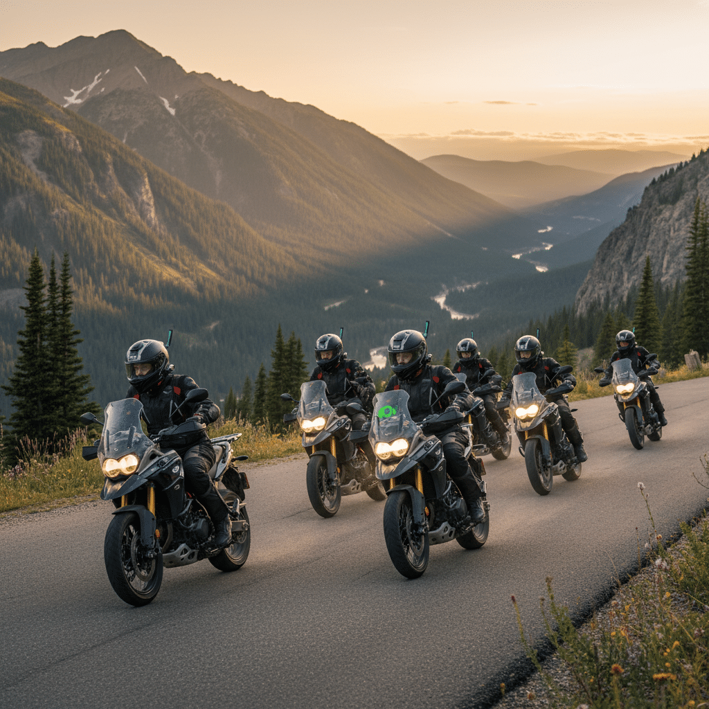 Group of motorcyclists riding on mountain road at sunset, with scenic valley views in the background.