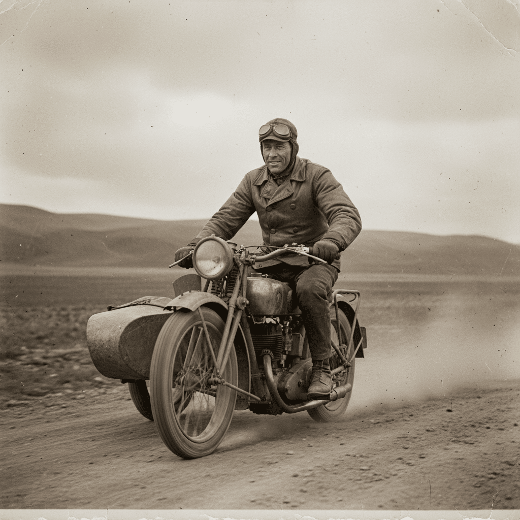 Vintage motorcycle rider in rugged gear, cruising on a dirt road, evoking a sense of adventure and freedom.